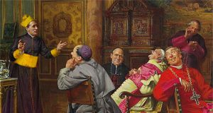 Cardinale vestito di giallo viene fissato e dileggiato da altri cardinali.