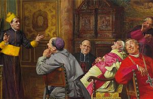 Cardinale vestito di giallo viene fissato e dileggiato da altri cardinali.