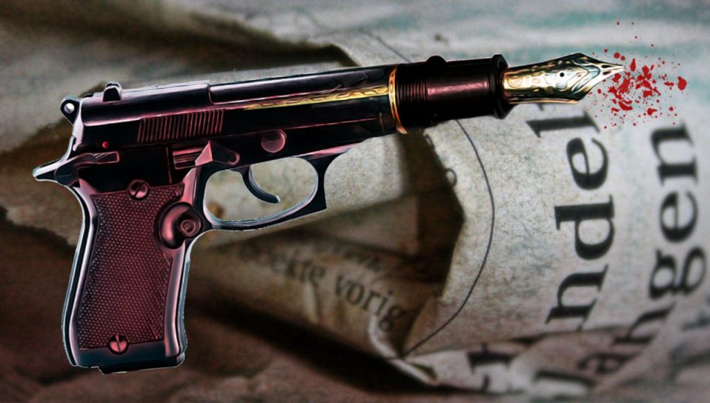 Pistola con penna calligrafica da cui fuorisce del sangue