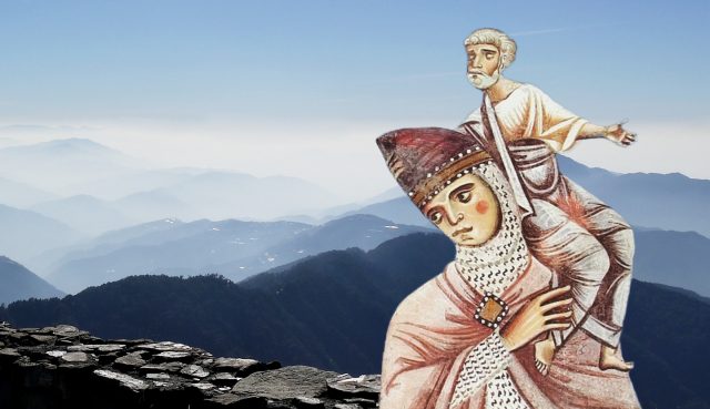 Uomo su spalle di un gigante, nello sfondo ci sono delle montagne