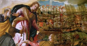 La Madonna protegge i marinai cristiani durante la battaglia di Lepanto. Dipinto di Paolo Veronese, "La battaglia di Lepanto"