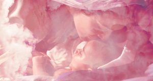 Maria e Gesù bambino avvolti da nebbia rosa