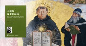 San Tommaso d'Aquino con Aristotele, e a sinistra la copertina del libro recensito