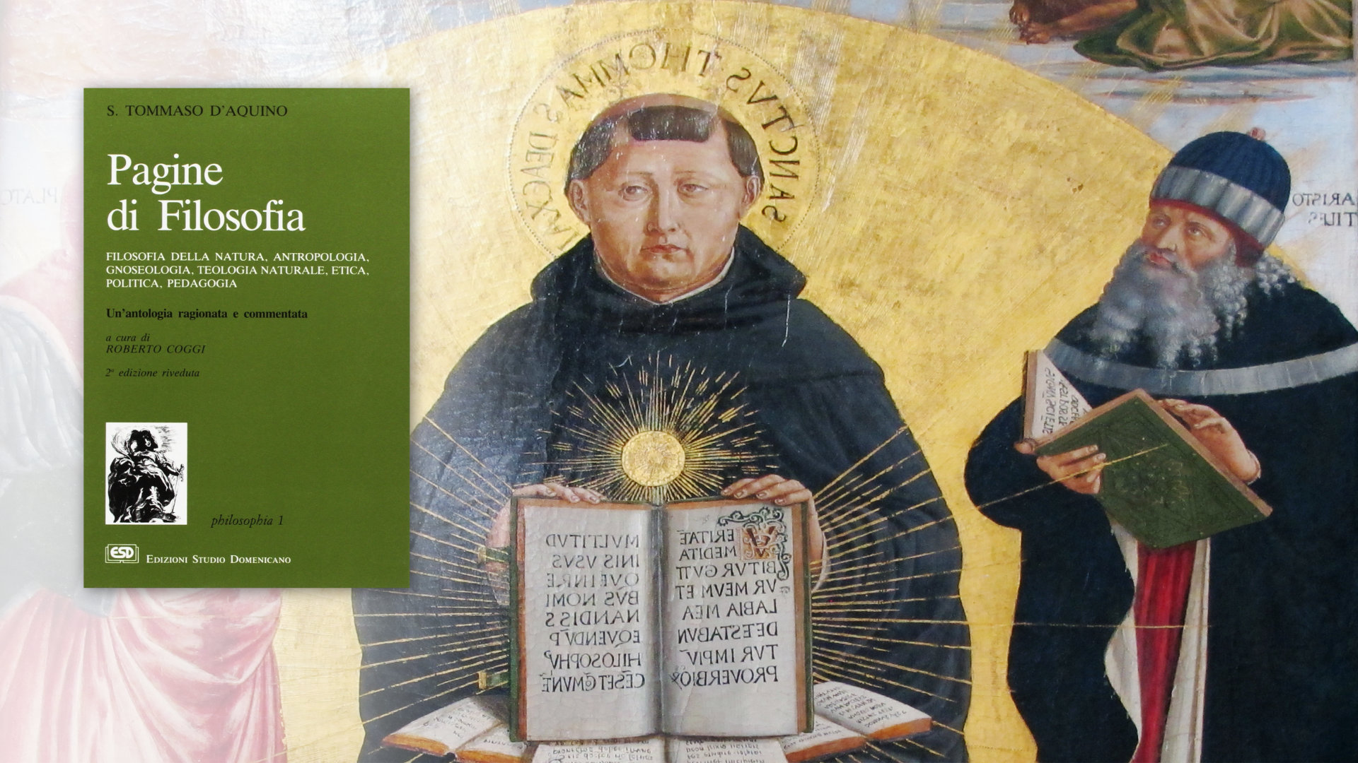 San Tommaso d'Aquino con Aristotele, e a sinistra la copertina del libro recensito