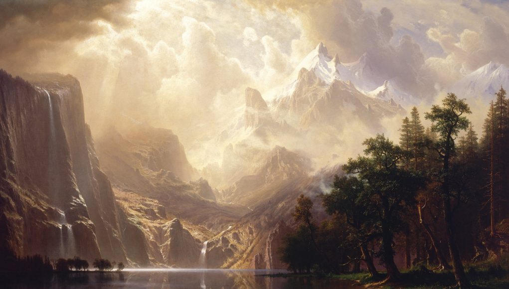 Montagne luminose rappresentate nell'immagine, dipinto di Albert Bierstadt, In Sierra Nevada, California