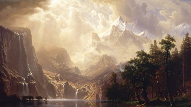 Montagne luminose rappresentate nell'immagine, dipinto di Albert Bierstadt, In Sierra Nevada, California