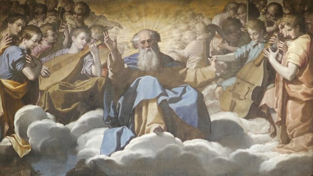 Cesi Bartolomeo, Adorazione dei Magi (dettaglio, Dio Padre con coro di angeli)