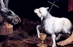 Dettaglio della Crocefissione di Grünewald, agnello immolato ai piedi di Gesù Crocefisso