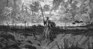 Don Chisciotte a cavallo. Si vedono sullo sfondo nuvoloso immagini mitiche di combattimenti e cavalieri