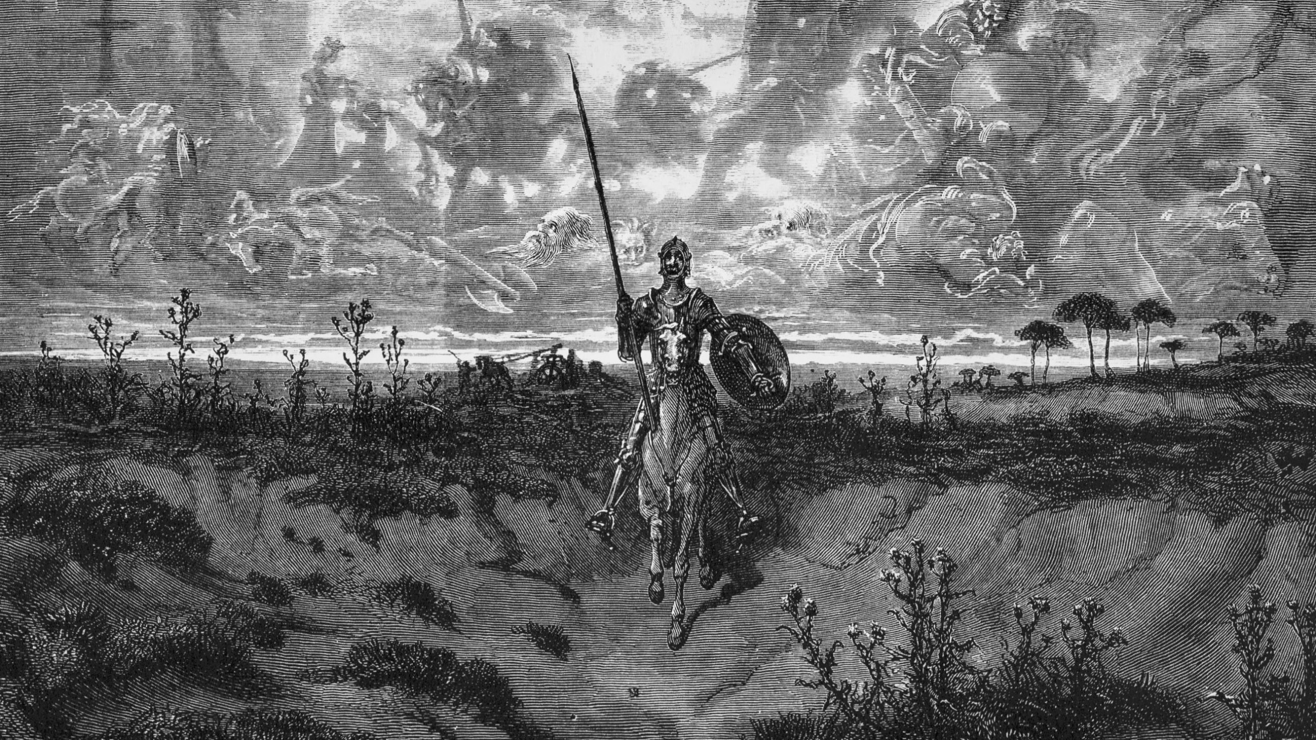 Don Chisciotte a cavallo. Si vedono sullo sfondo nuvoloso immagini mitiche di combattimenti e cavalieri
