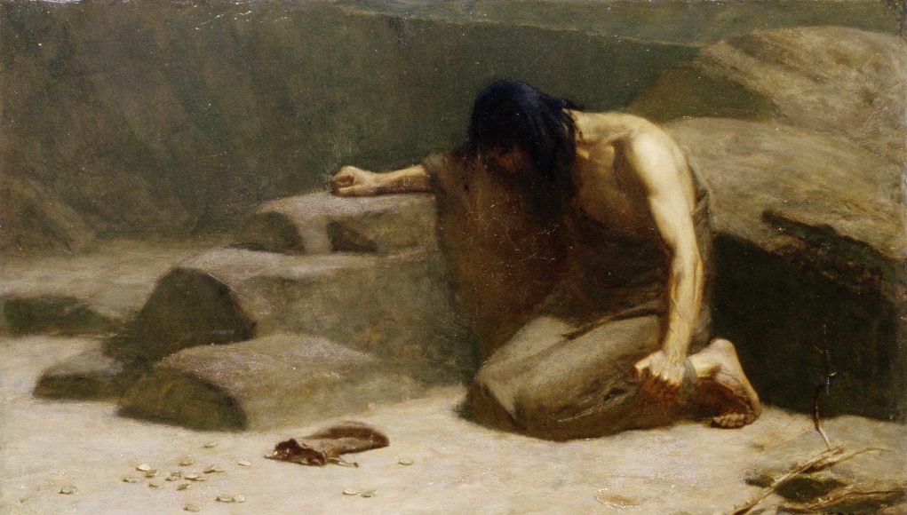 Dipinto che mostra Giuda dopo aver gettato le trenta monete per cui aveva tradito Gesù