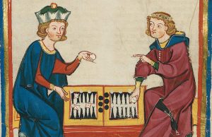 Due amici giocano a Backgammon, miniatura medievale