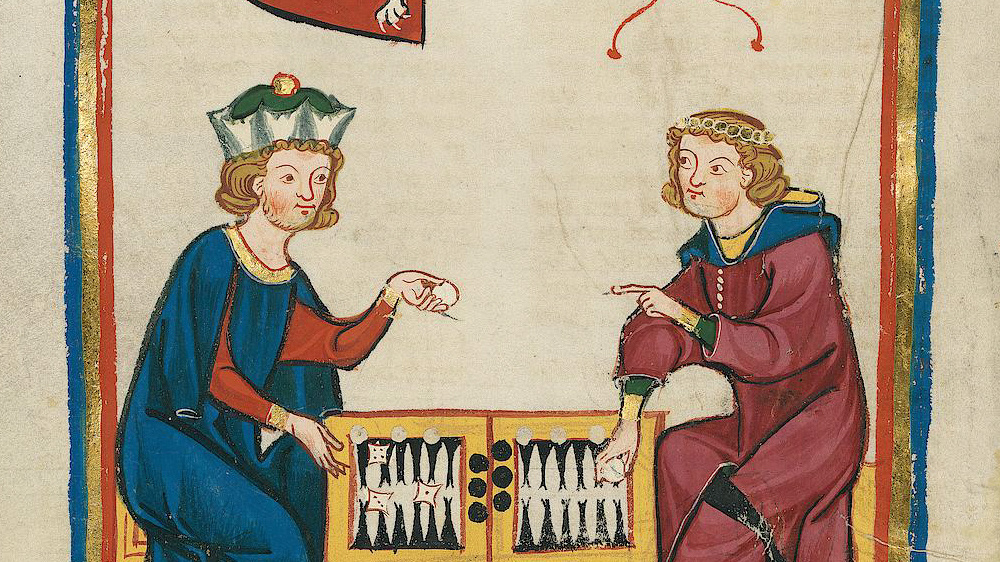 Due amici giocano a Backgammon, miniatura medievale