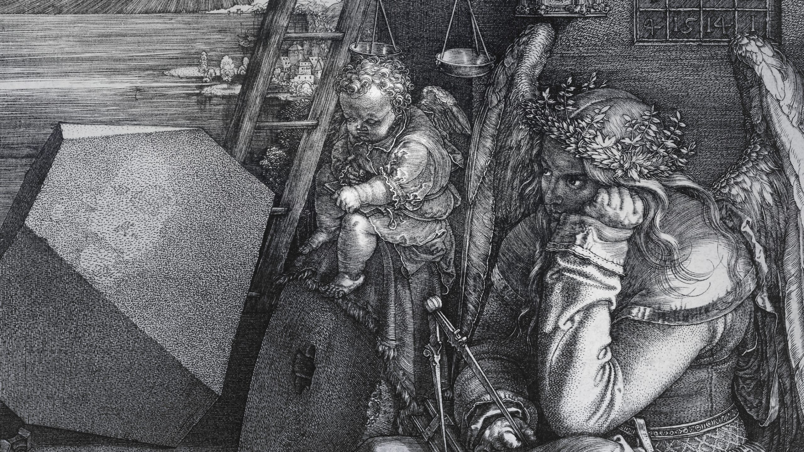 Dettaglio di Melancholia, bambino assopito con angelo alla sua destra, rappresentazione allegorica della melanconia