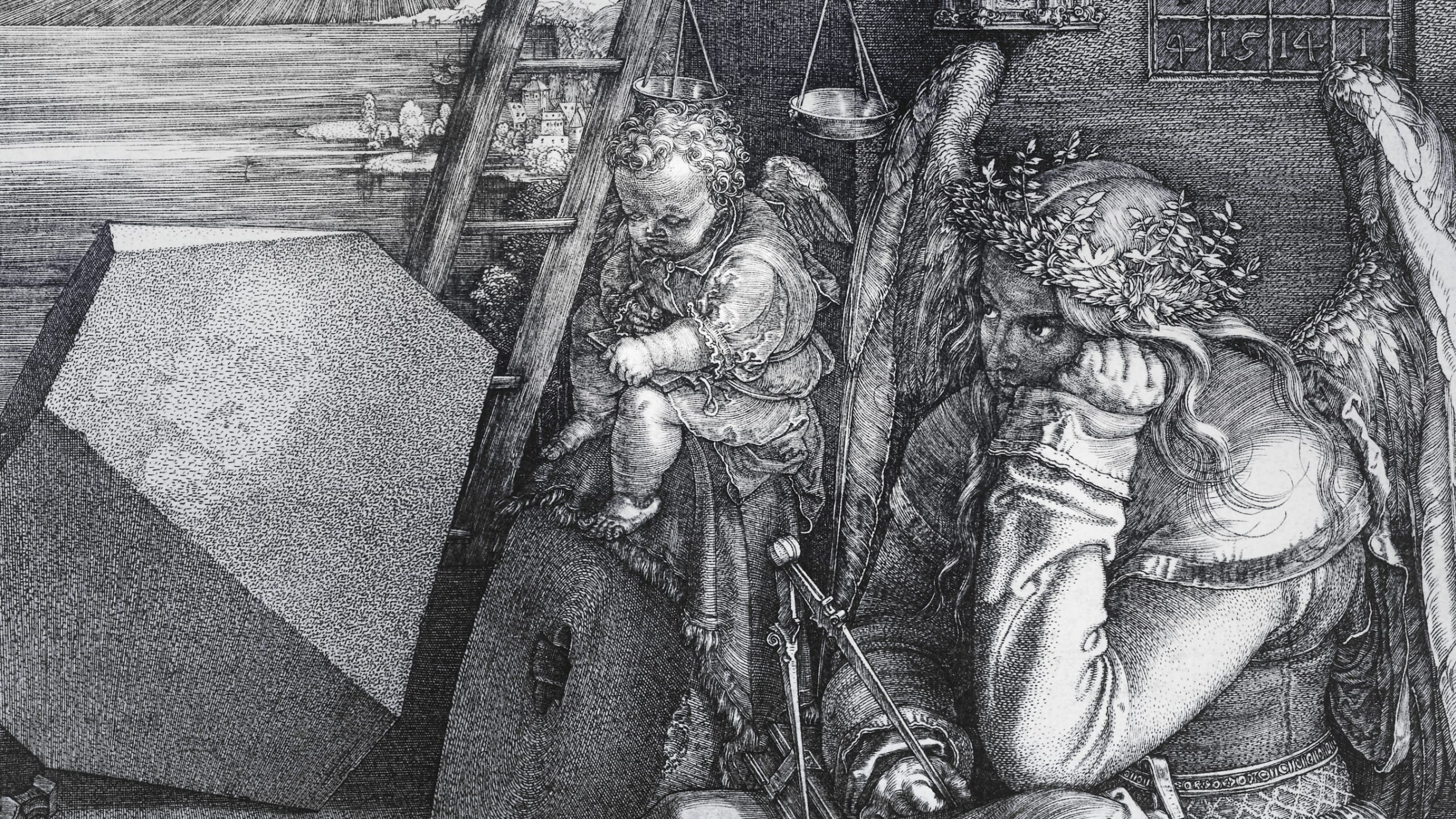 Dettaglio di Melancholia, bambino assopito con angelo alla sua destra, rappresentazione allegorica della melanconia